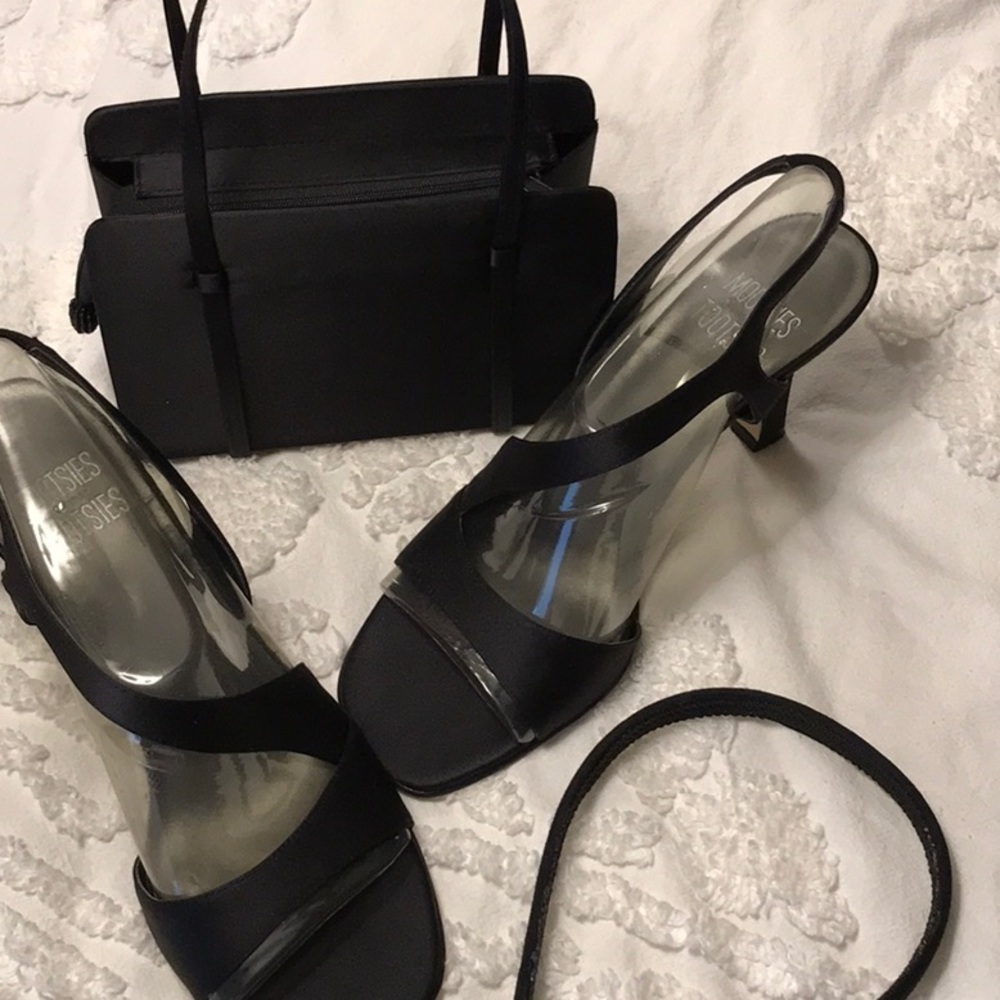 Satin dress shoe. Small satin purse and headband.